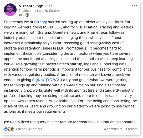 Community shoutout from Nishant about SigNoz