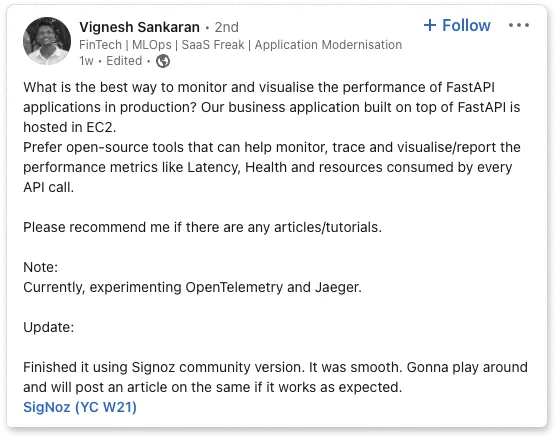 Community shoutout from Vignesh about SigNoz