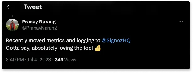 Tweet from Pranay Narang about SigNoz