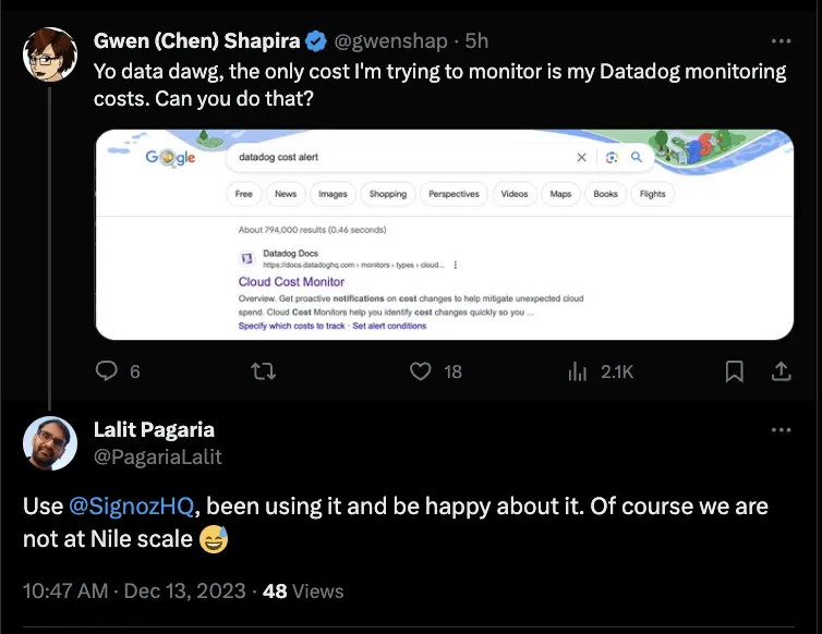Twitter shoutout about SigNoz pricing and user experience