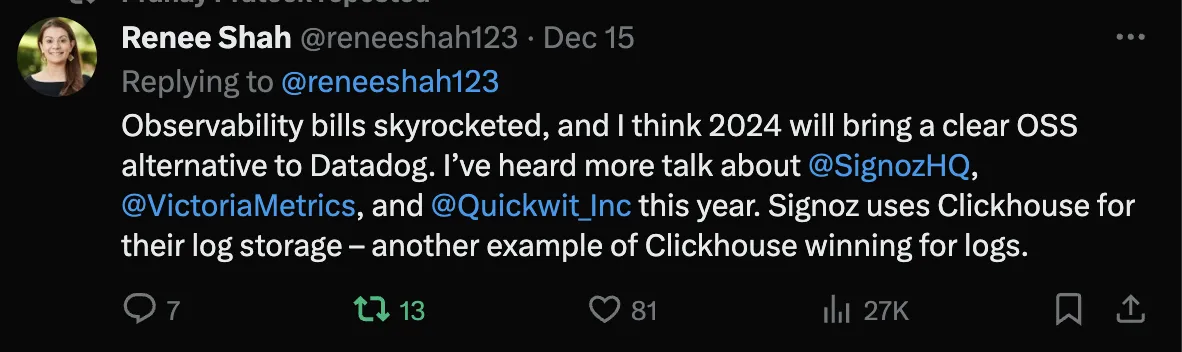Twitter shoutout about SigNoz and single-pane observability