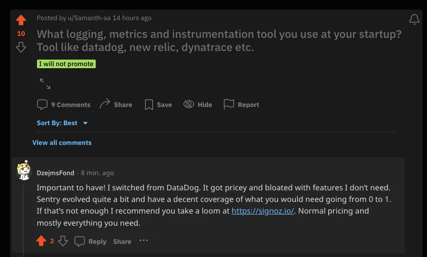 Reddit user shoutout about SigNoz