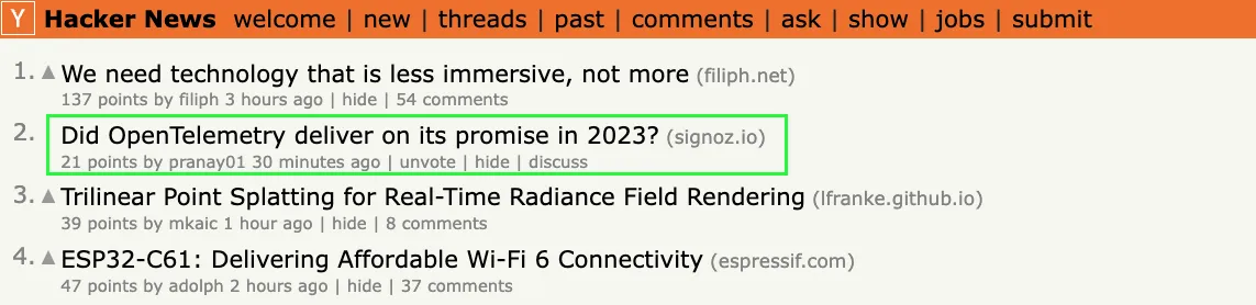 SigNoz article on the Hacker News front page