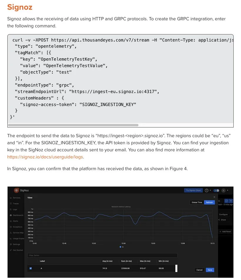 SigNoz mentioned in ThousandEyes documentation