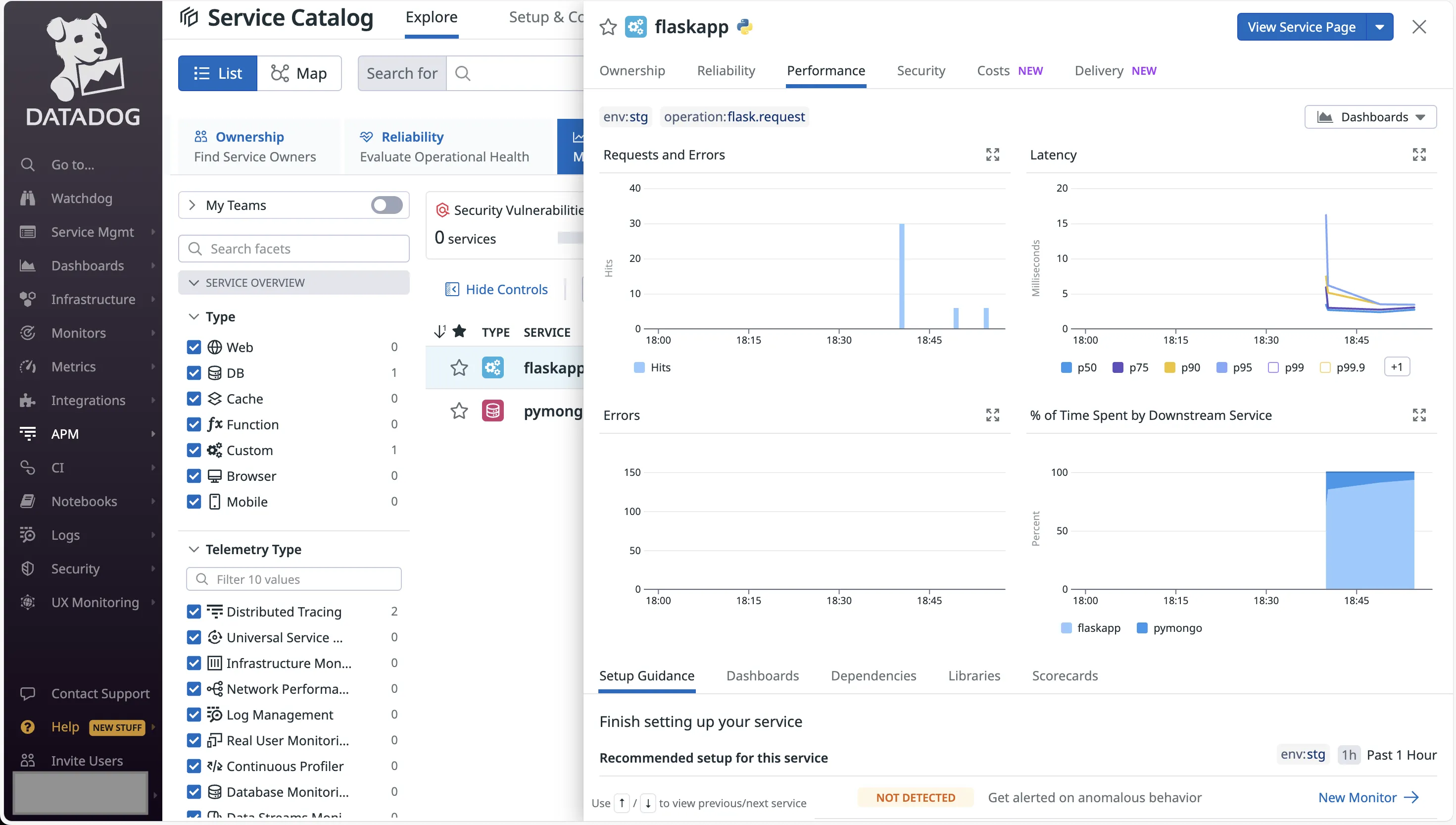 Datadog APM interface showing application performance metrics