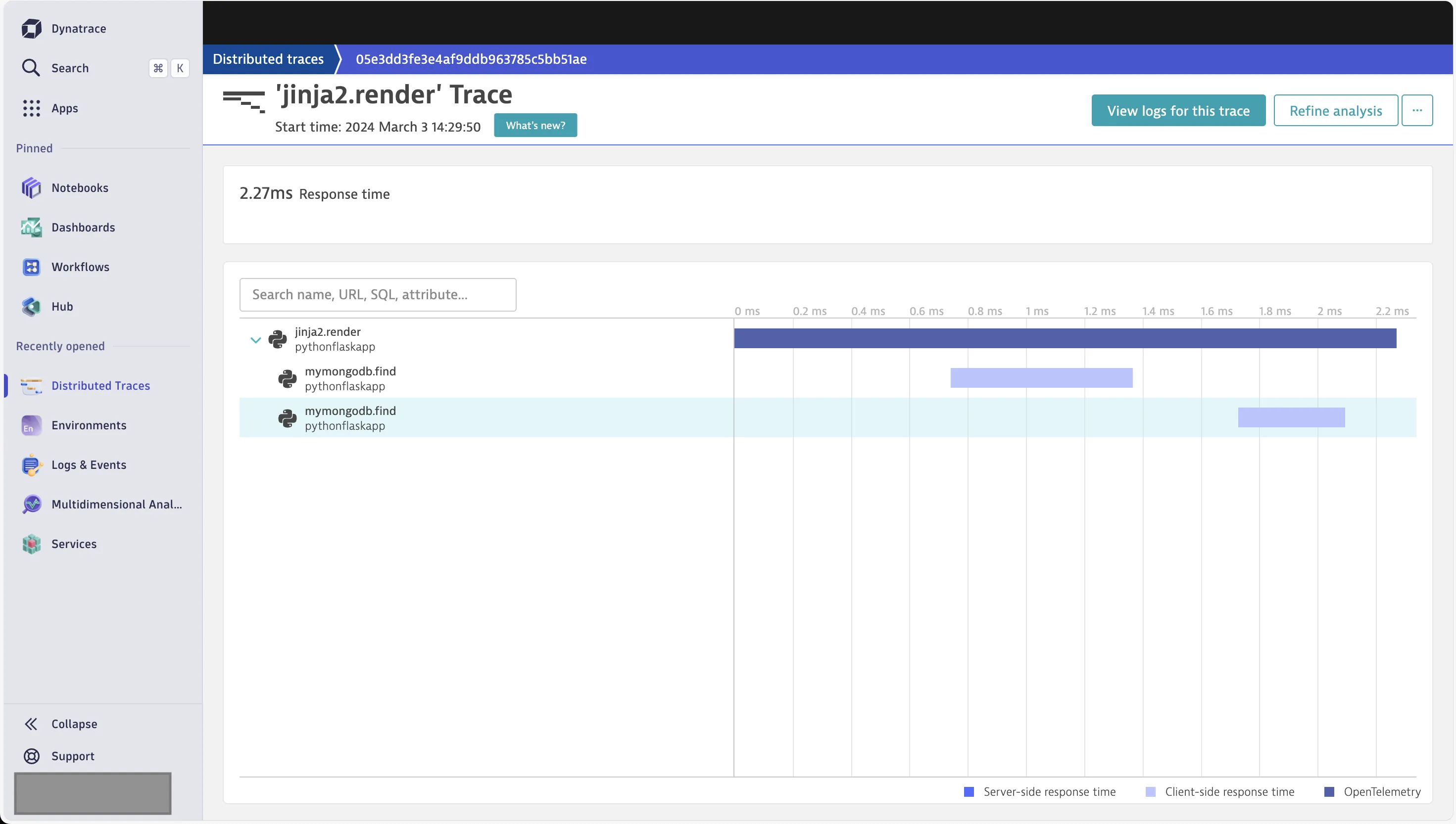 Dynatrace detailed trace analysis view
