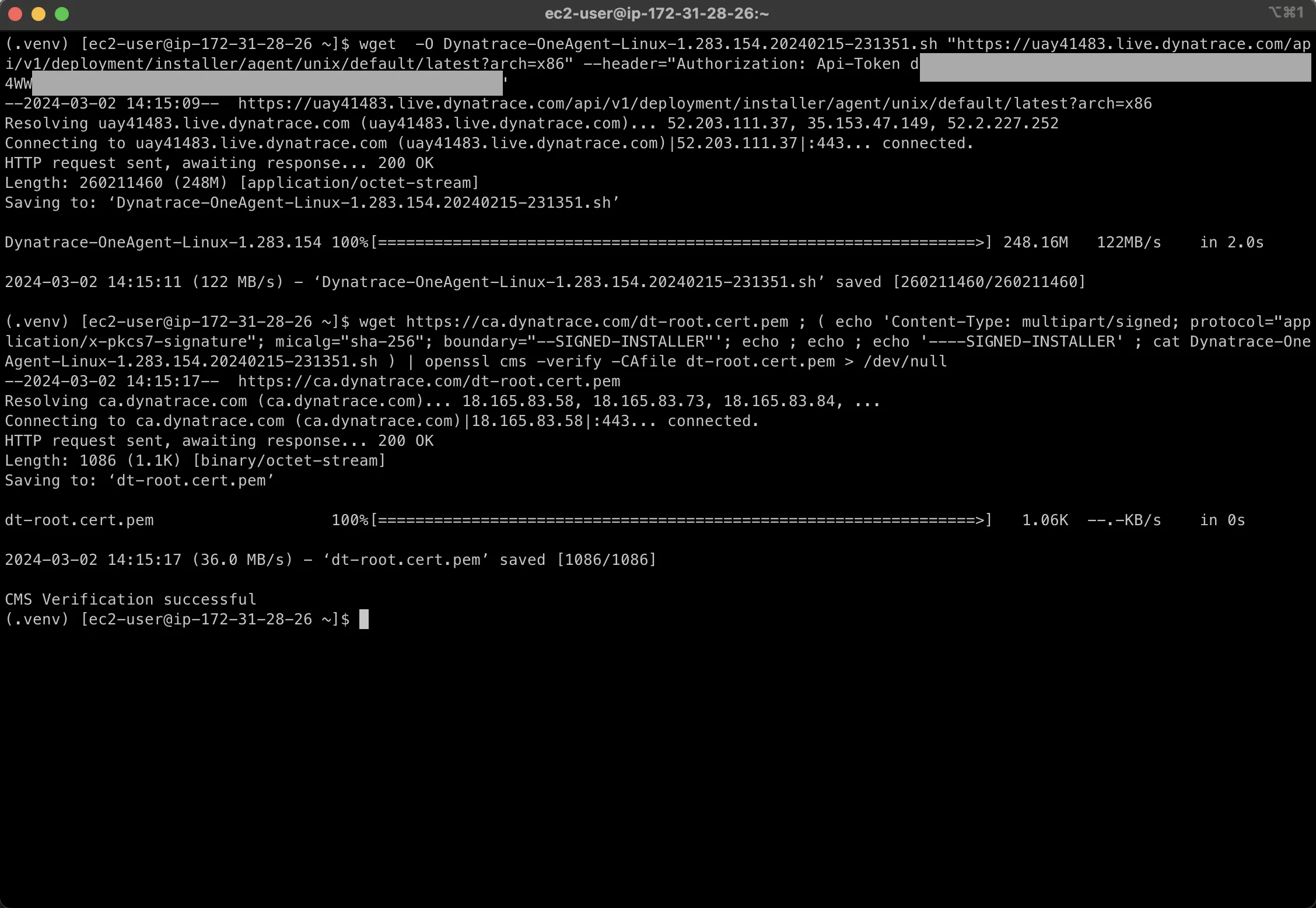 Terminal showing OneAgent download and verification