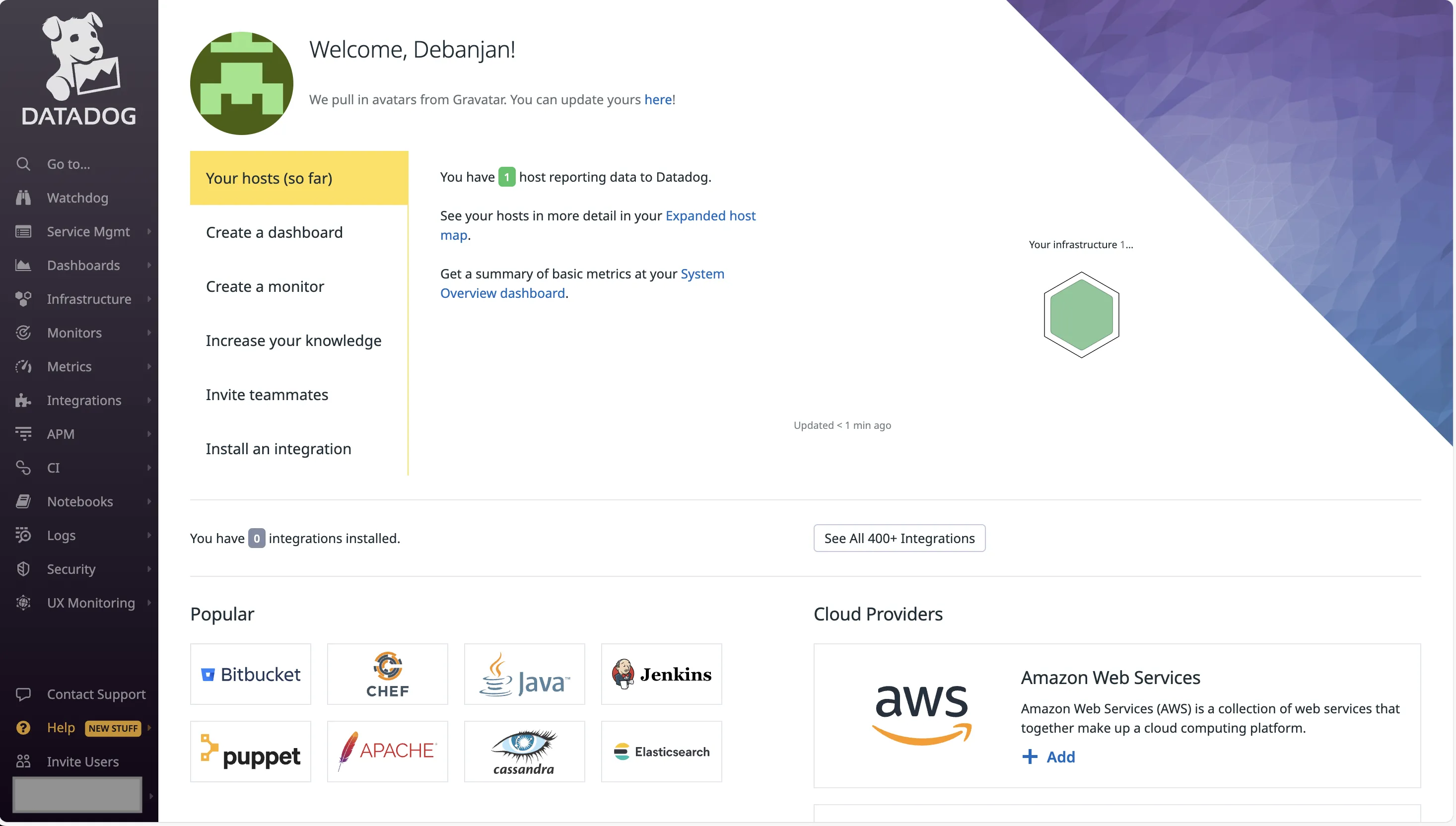 Datadog dashboard showing connected agent