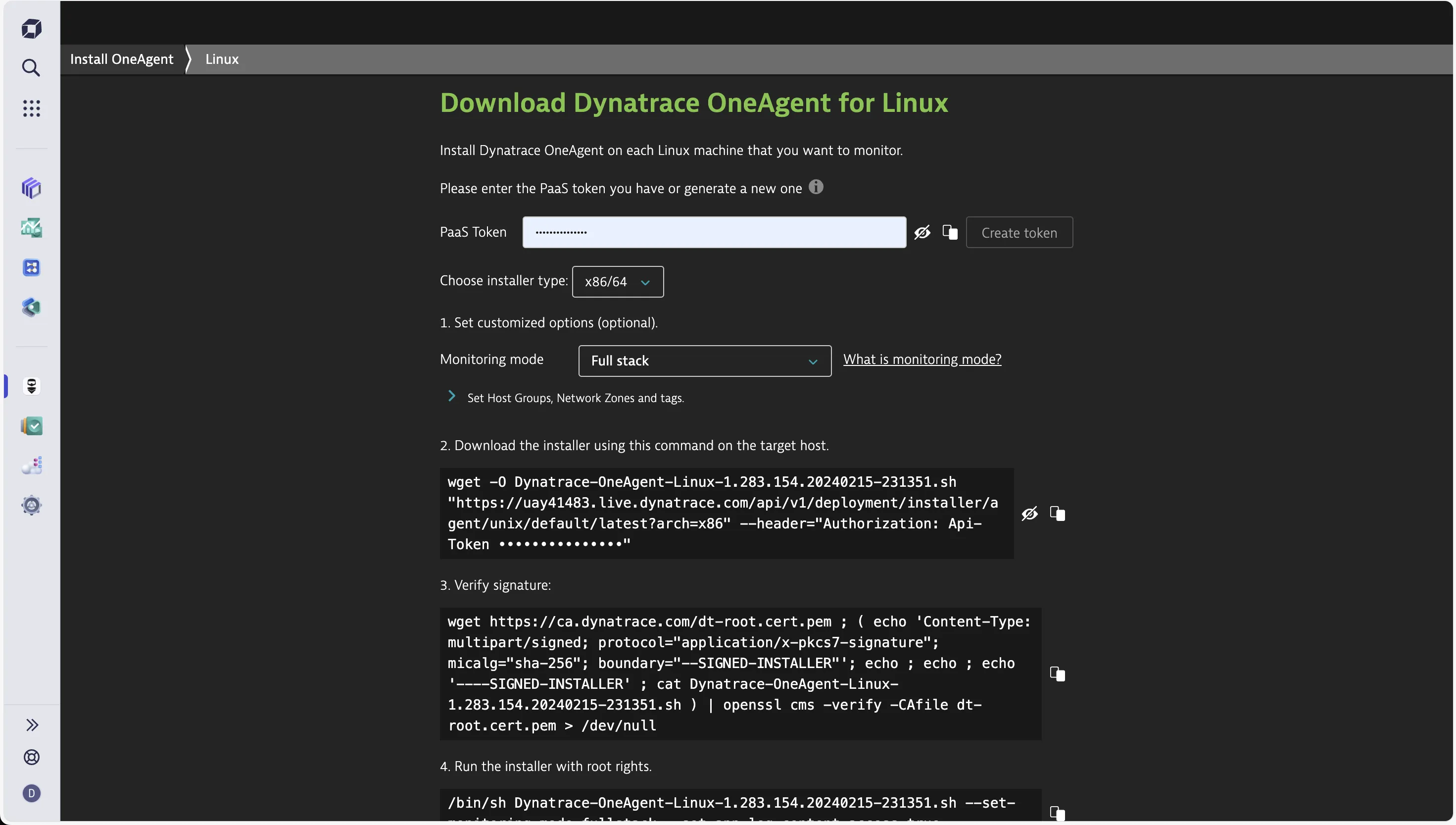 Dynatrace OneAgent installation interface
