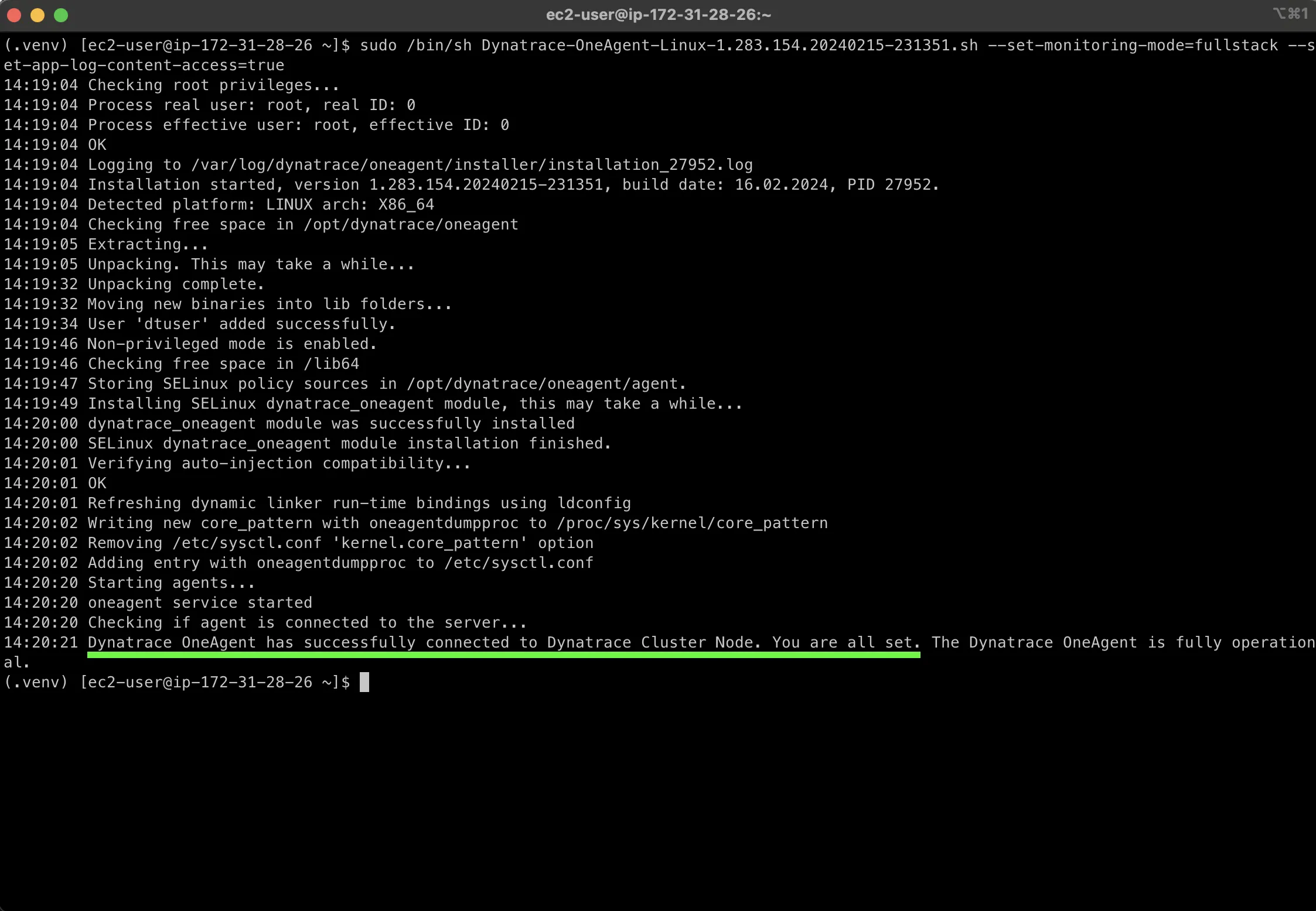 Terminal confirmation of OneAgent connection to Dynatrace