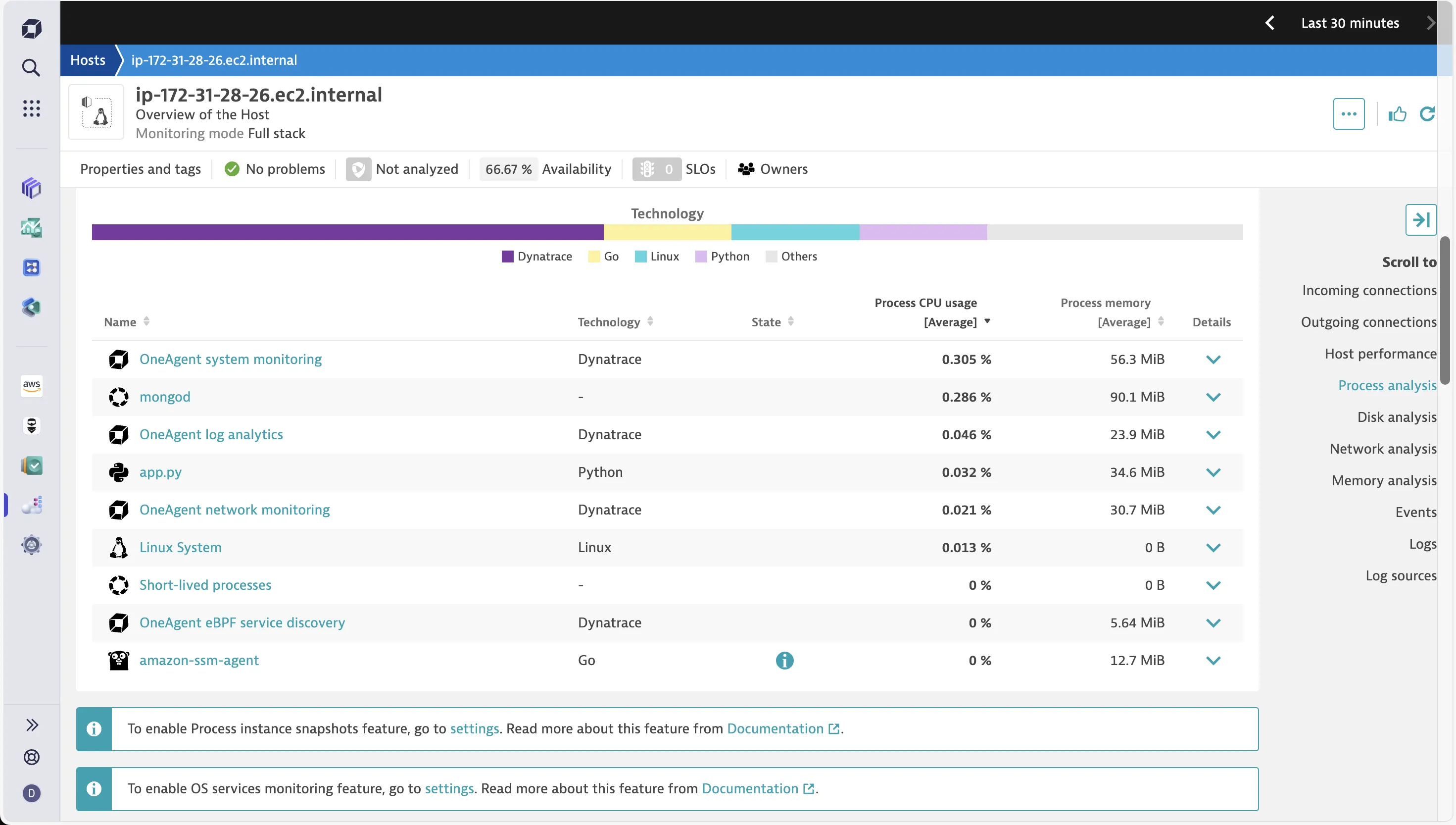 Dynatrace process analysis view in dashboard