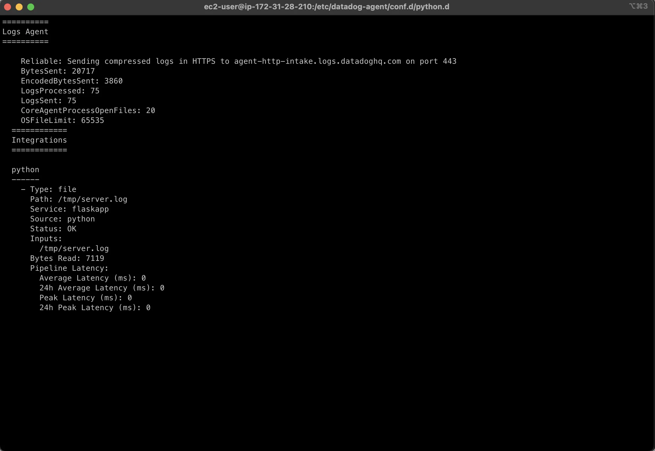 Terminal output showing Datadog agent sending logs