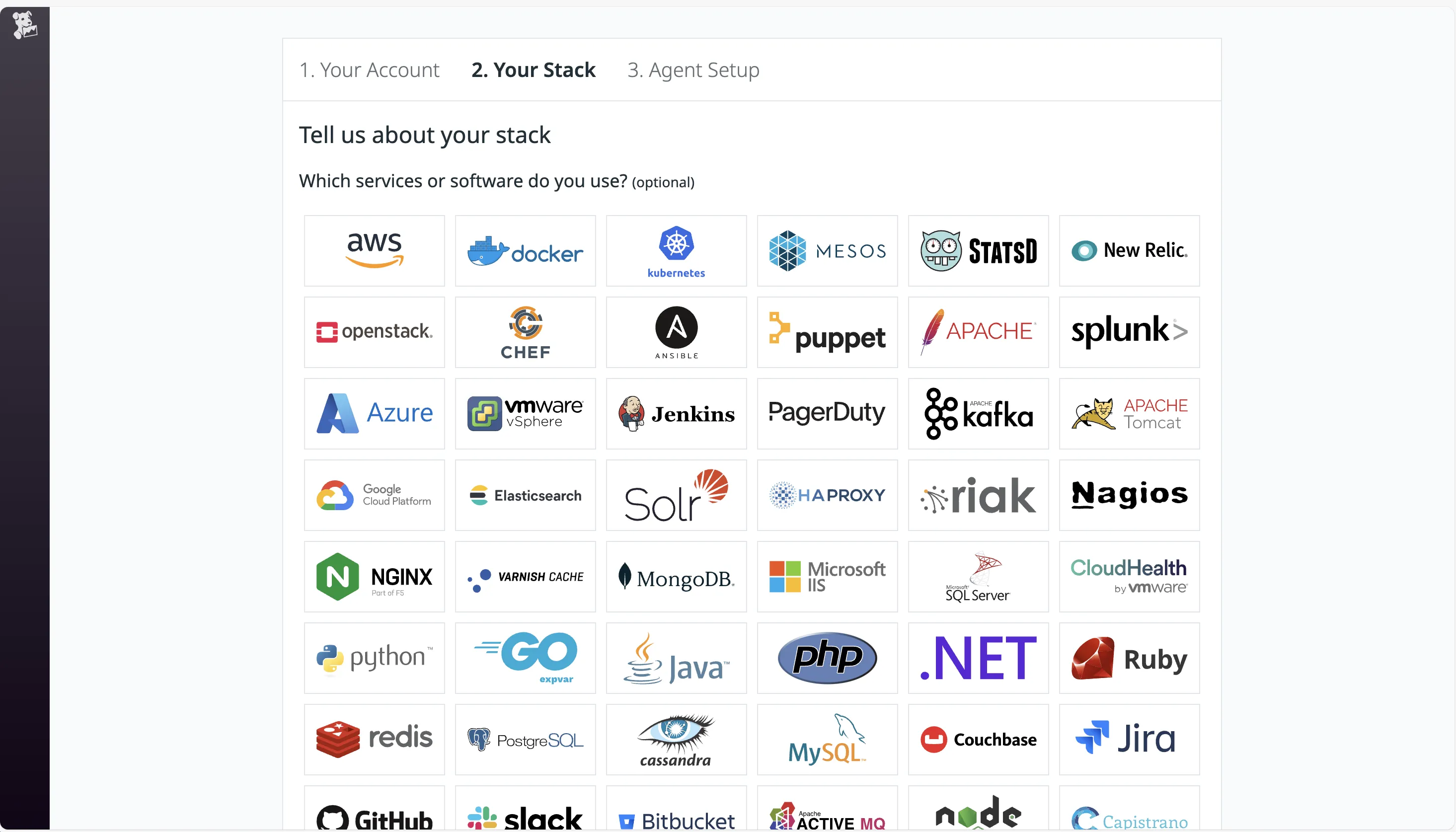 The Datadog signup page asking about the stack to monitor