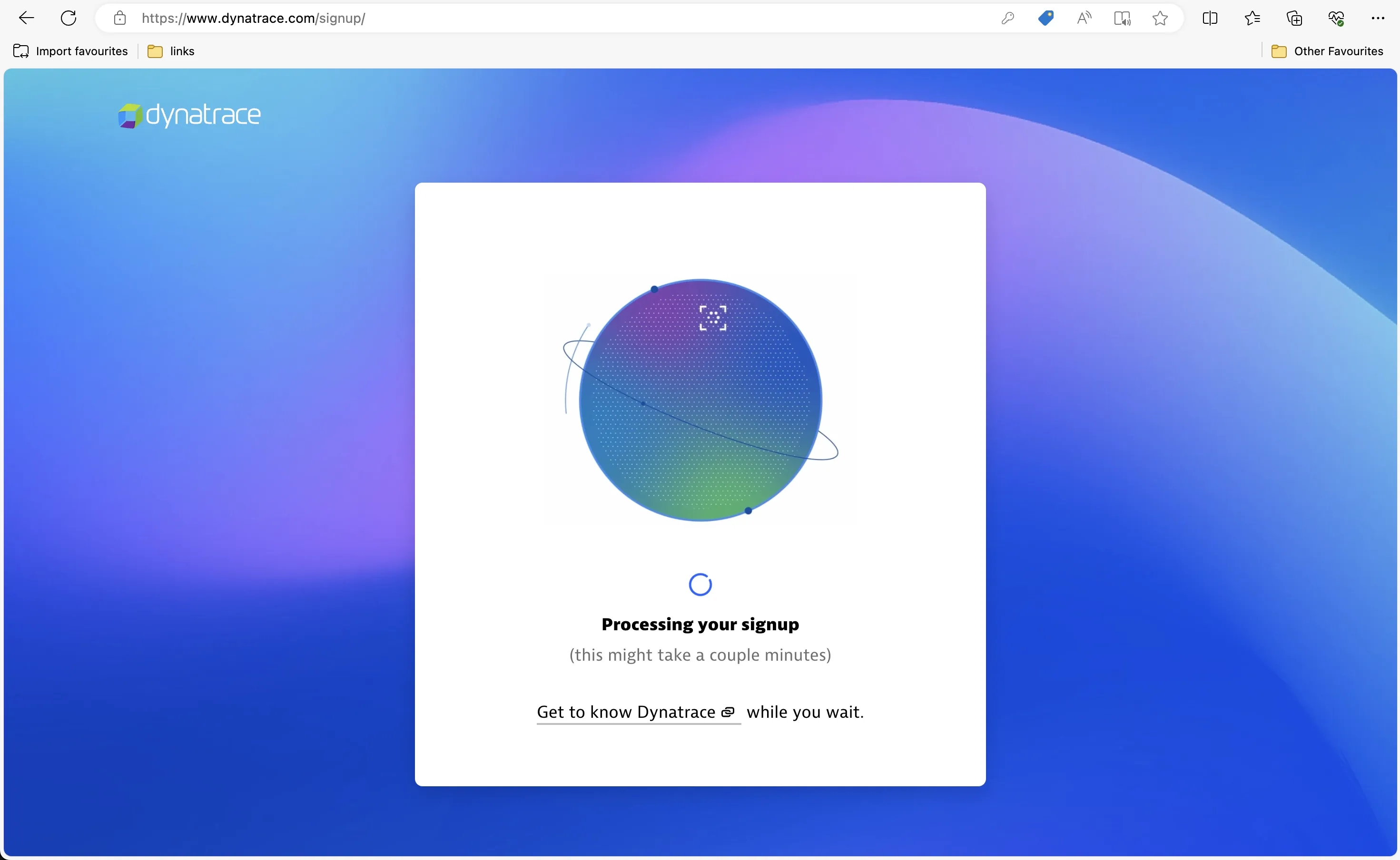 Dynatrace signup loading screen