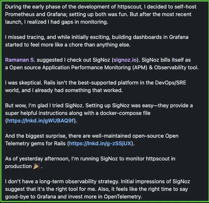 User shoutout preferring SigNoz over Grafana and Prometheus