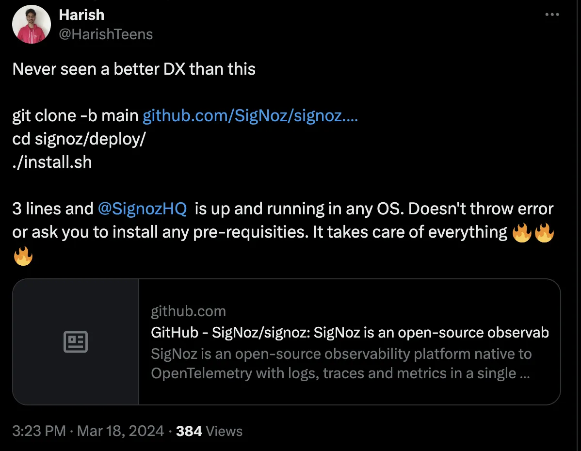 Twitter shoutout about SigNoz
