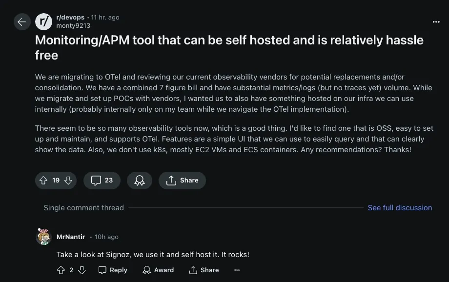 Reddit user praising SigNoz