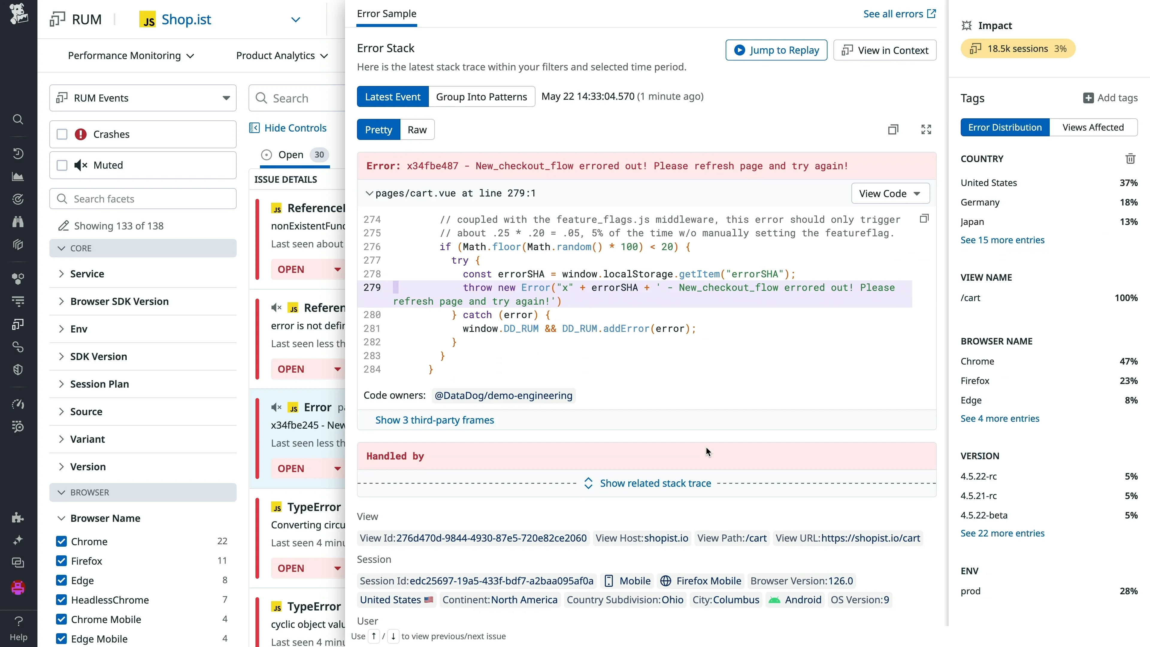 Datadog dashboard showing a sample error.