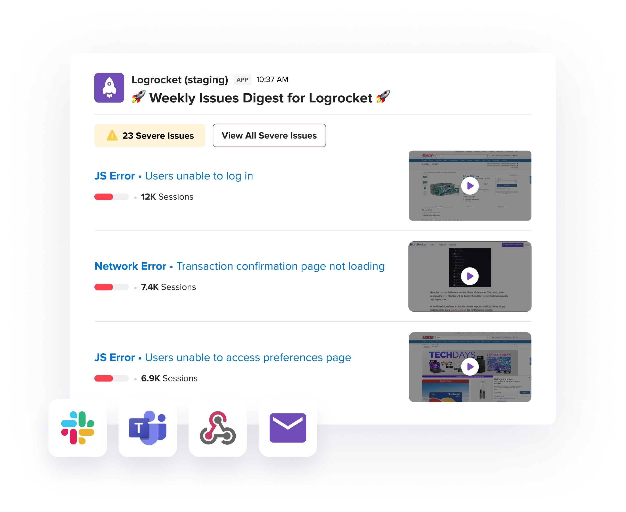 LogRocket error details and alert channel illustration.