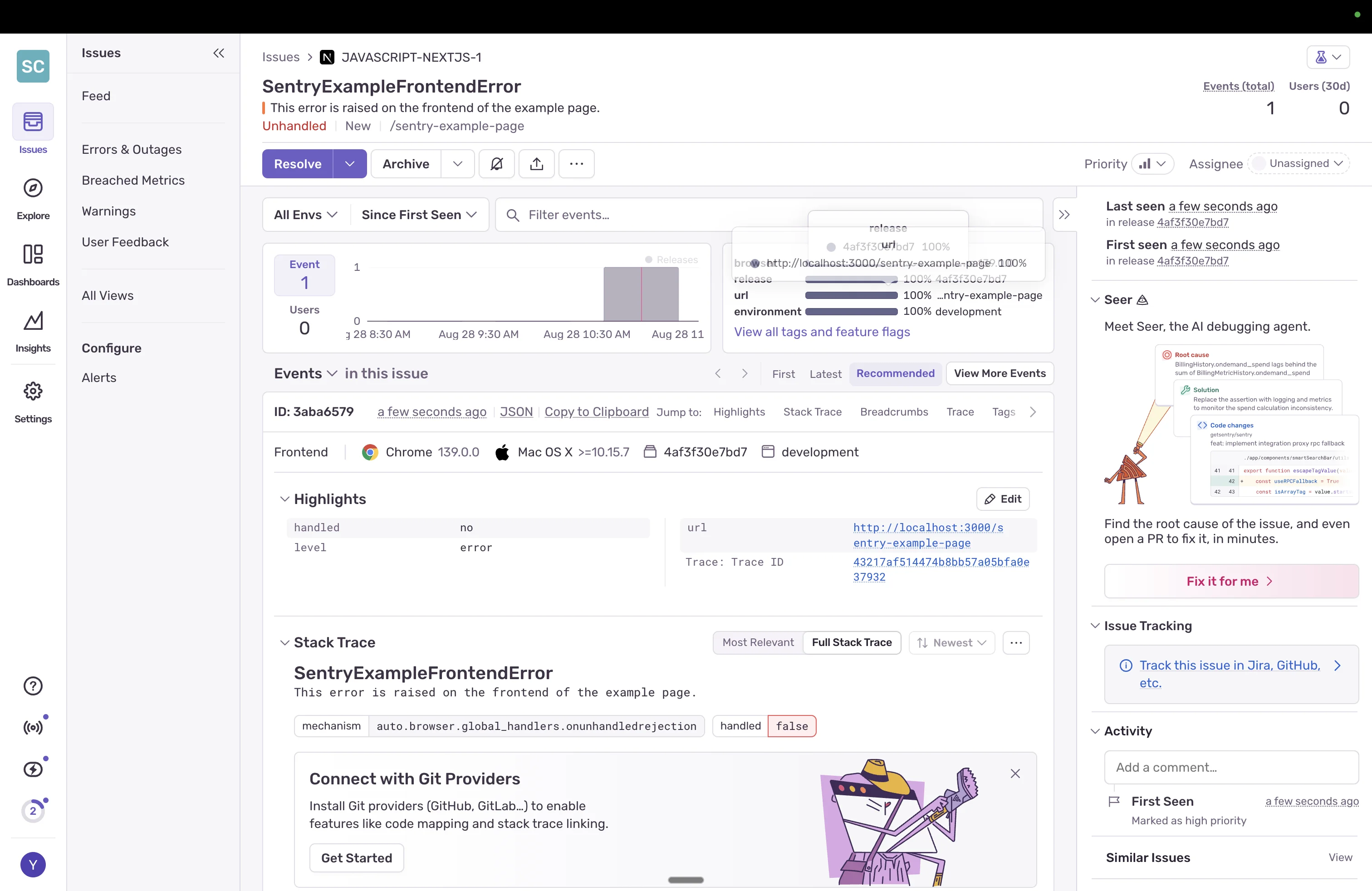 Sentry dashboard showing an example error page.