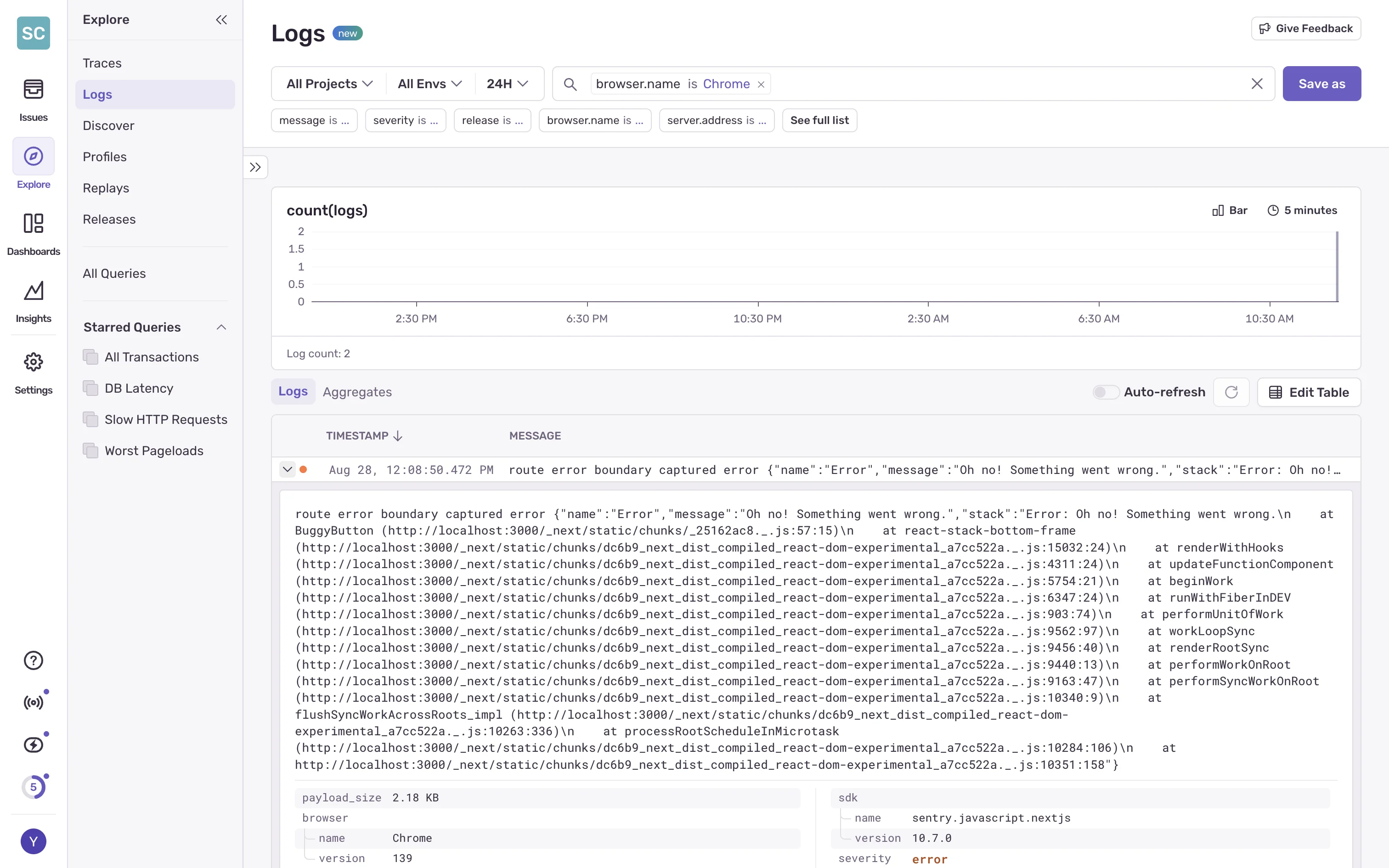 Sentry logs dashboard showing errors coming from Chrome browser.