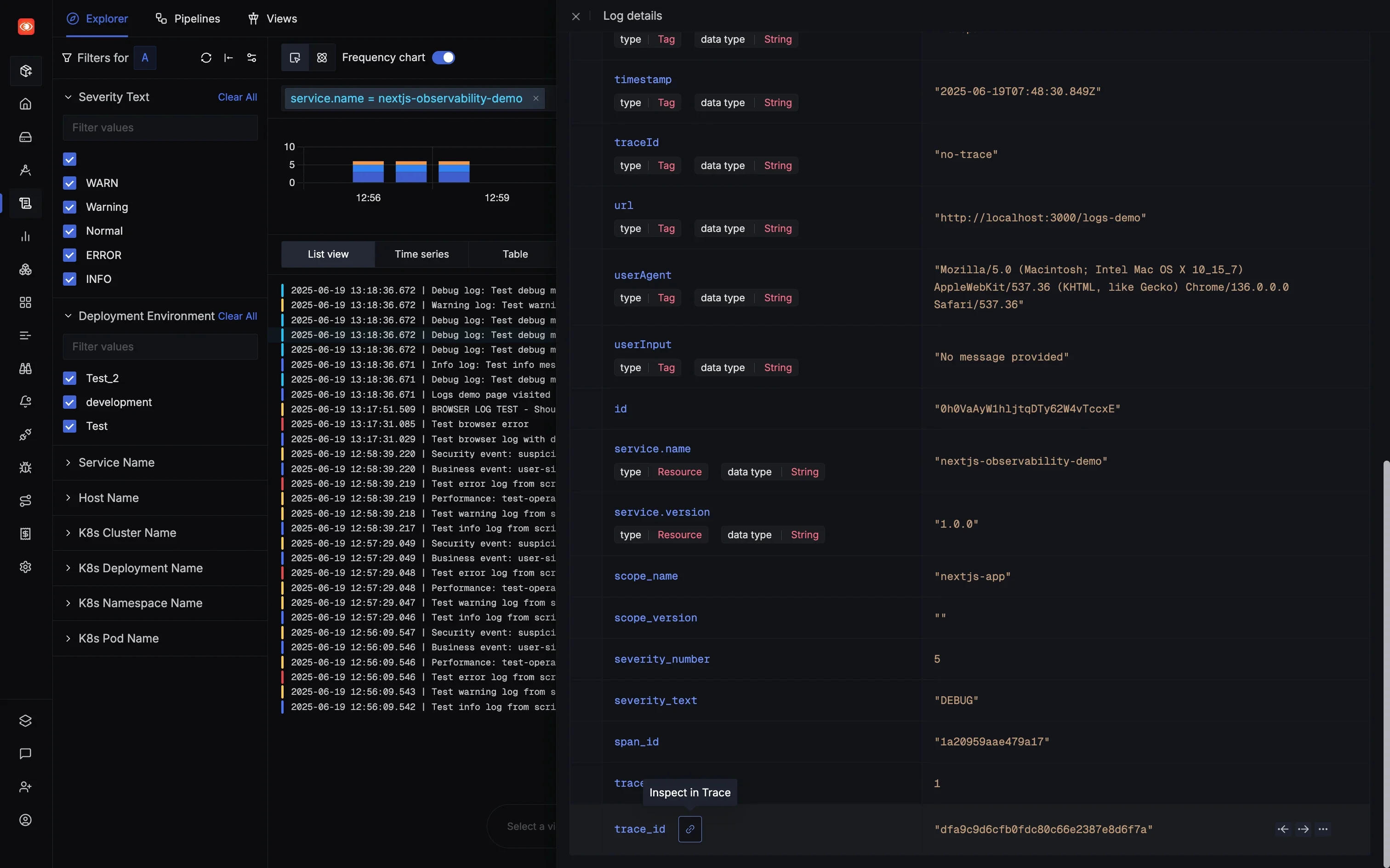 SigNoz Logs Dashboard showing unified observability with traces, metrics, and logs