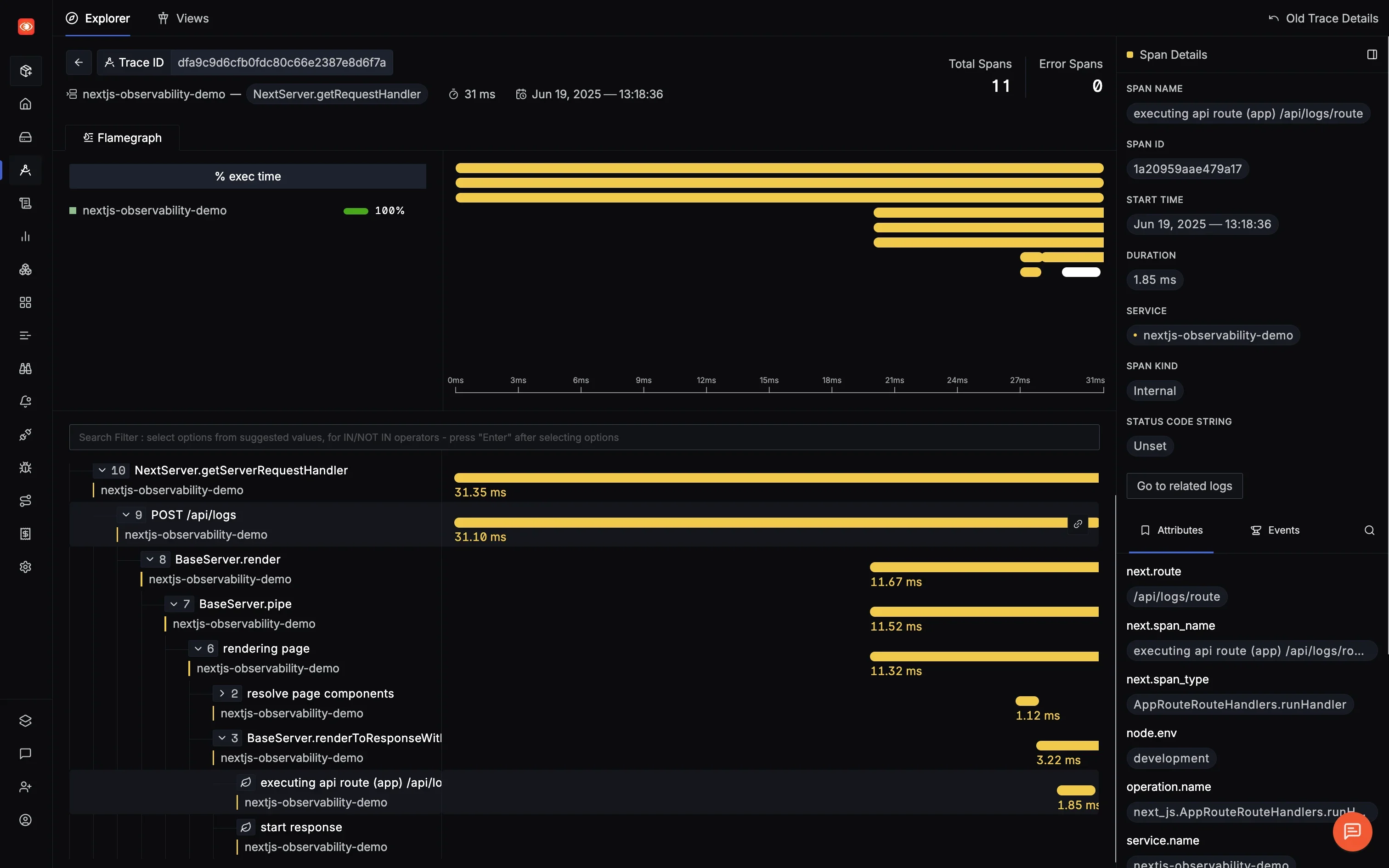 SigNoz Trace Correlation view showing frontend logs connected to backend traces