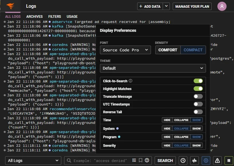 Papertrail Logs Dashboard, credits: solarwinds(formerly papertrail)