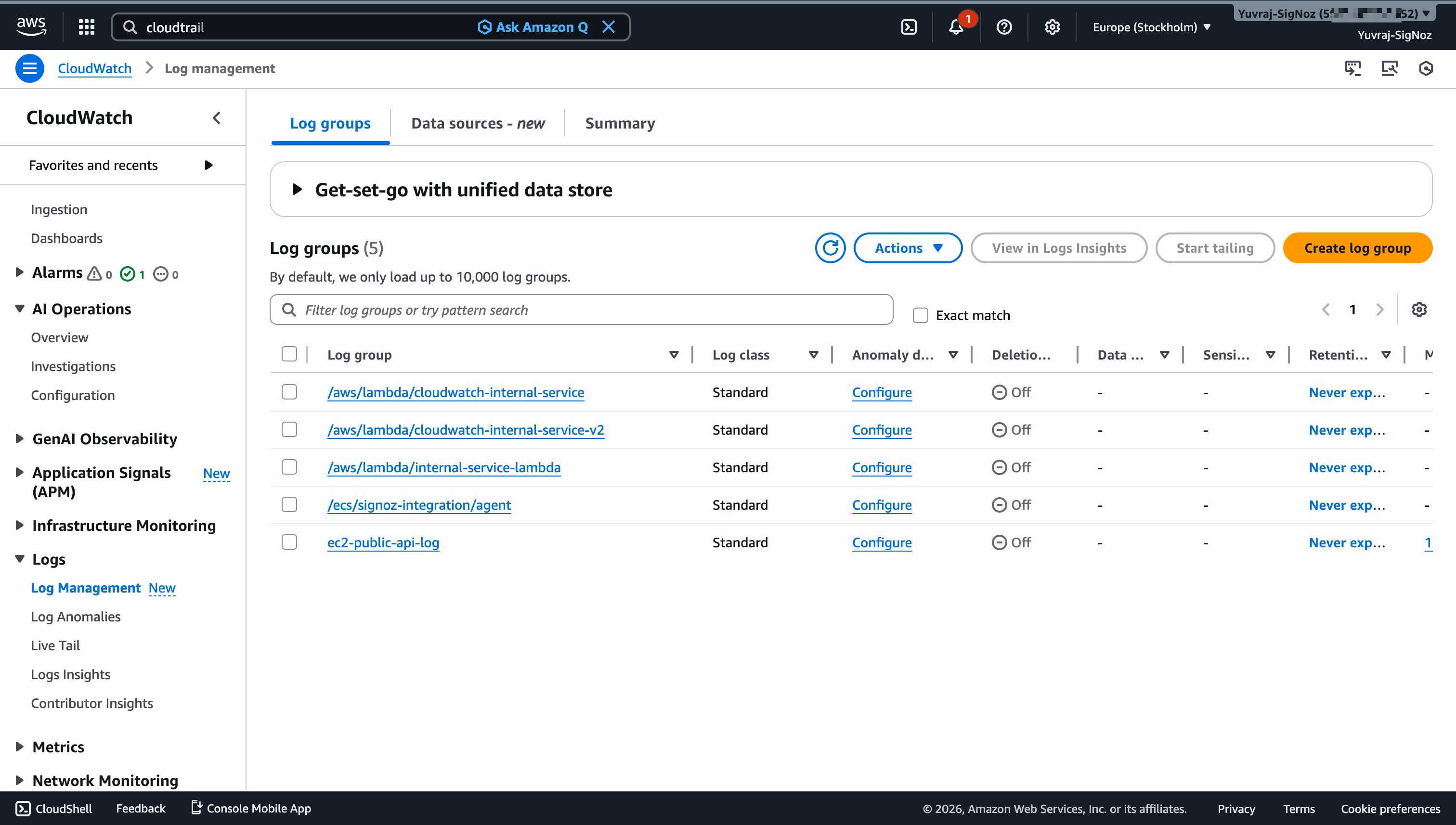 CloudWatch log groups showing Lambda and EC2 log streams