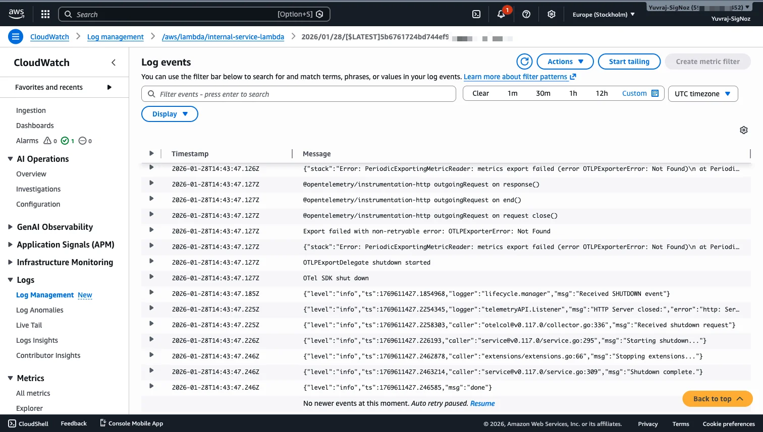 CloudWatch log events showing runtime errors and structured log data