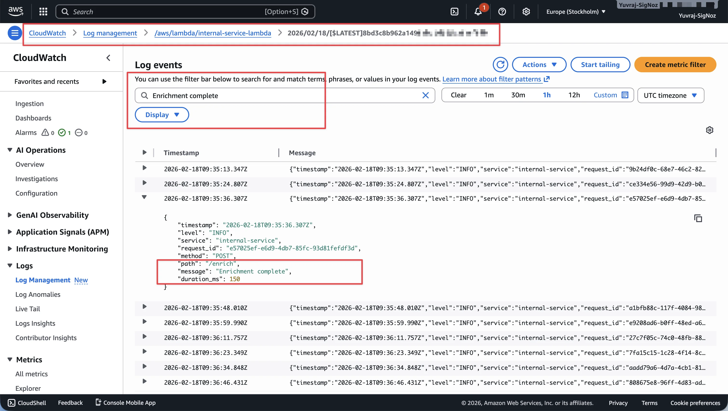 CloudWatch log events filtered for Enrichment complete, showing structured fields