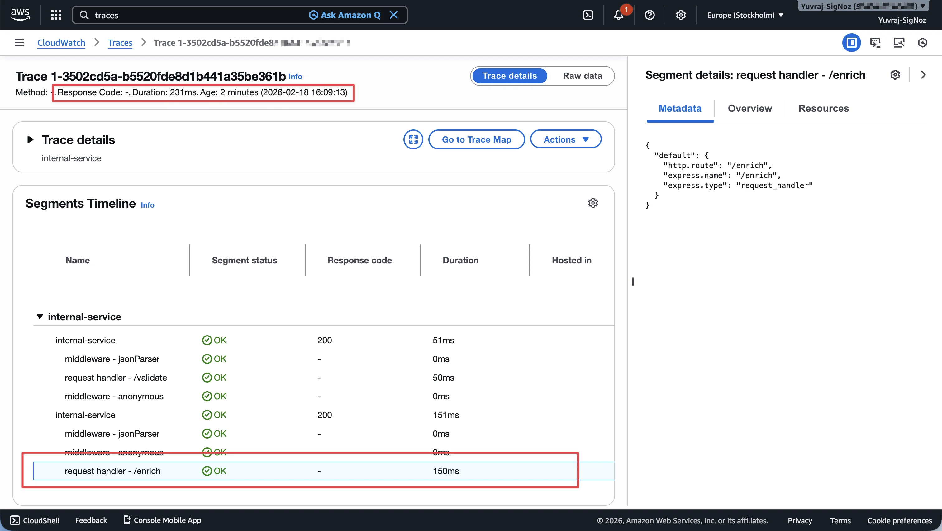 CloudWatch Traces view showing X-Ray trace detail with segment timeline and metadata