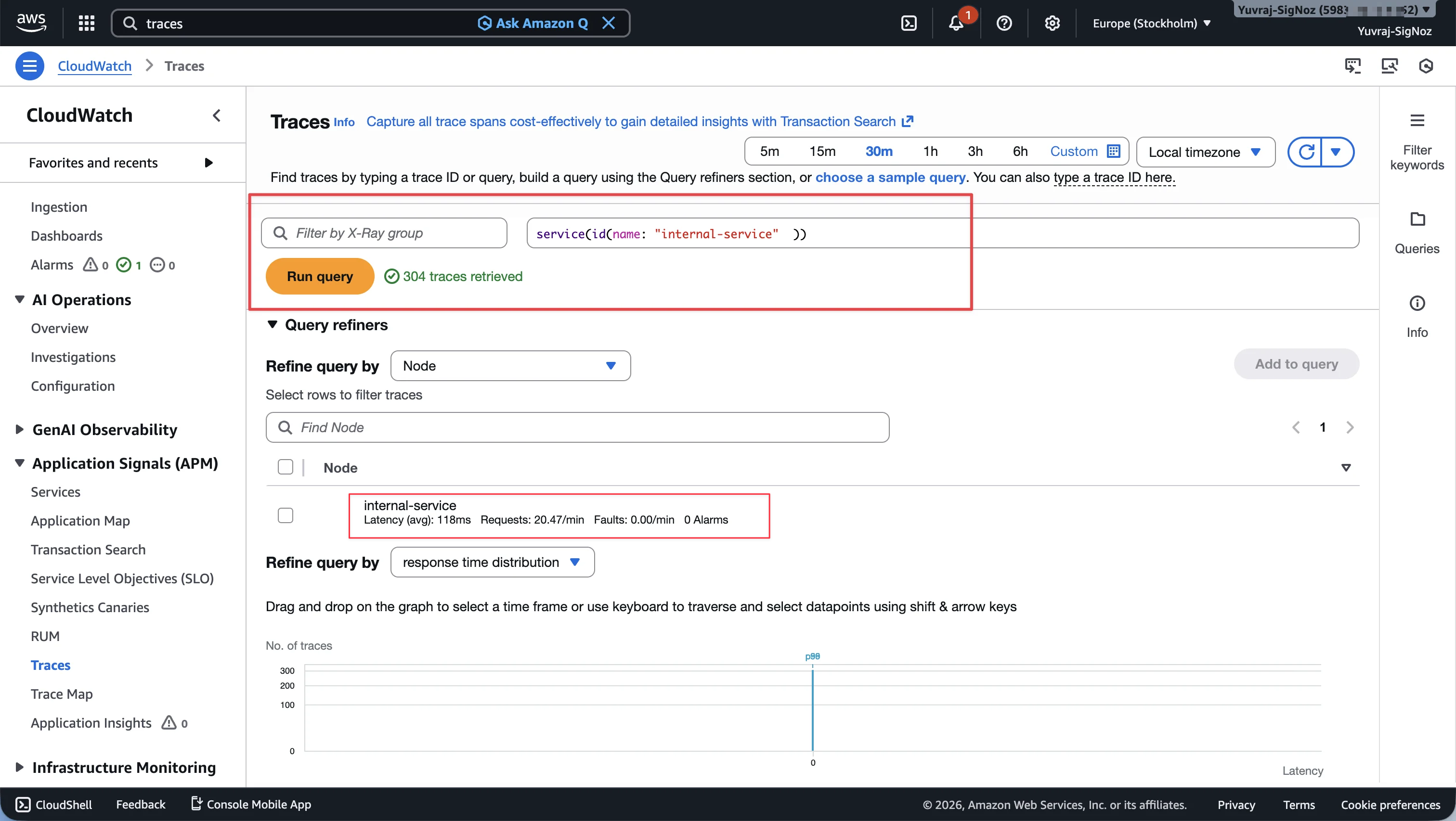 CloudWatch Traces filtered to internal-service showing 304 traces