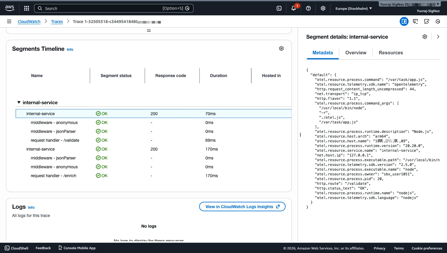 X-Ray trace detail showing segment timeline and metadata panel