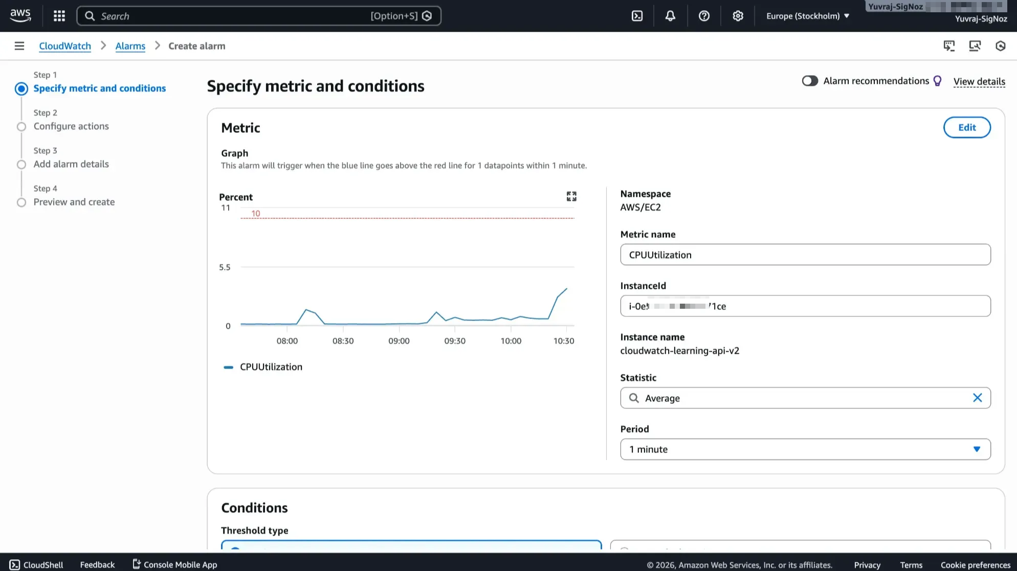 CloudWatch Create Alarm page showing metric selection, threshold configuration, and alarm conditions for EC2 CPU utilization