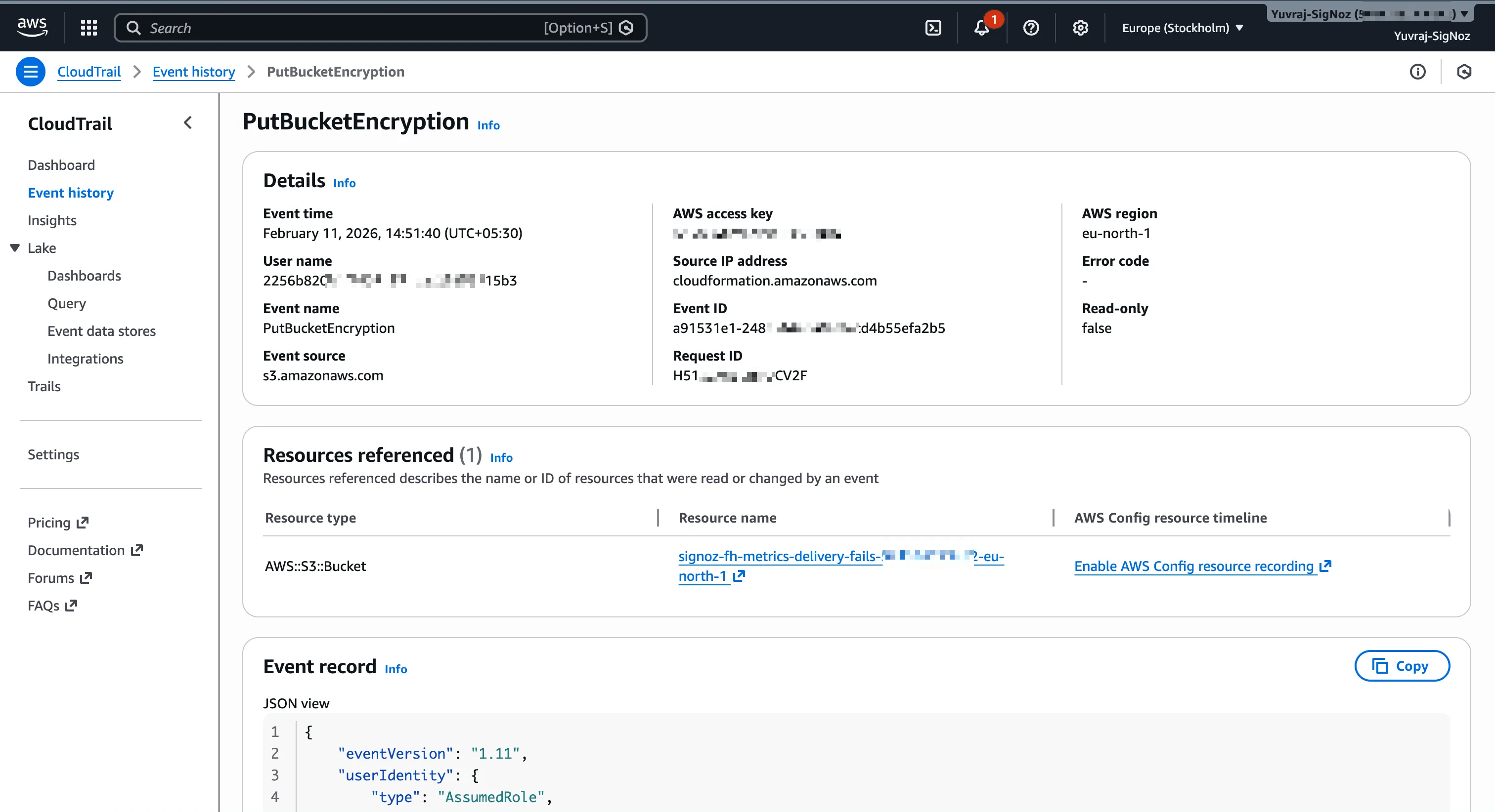 CloudTrail event details for a PutBucketEncryption API call showing user identity, source IP, and full event JSON