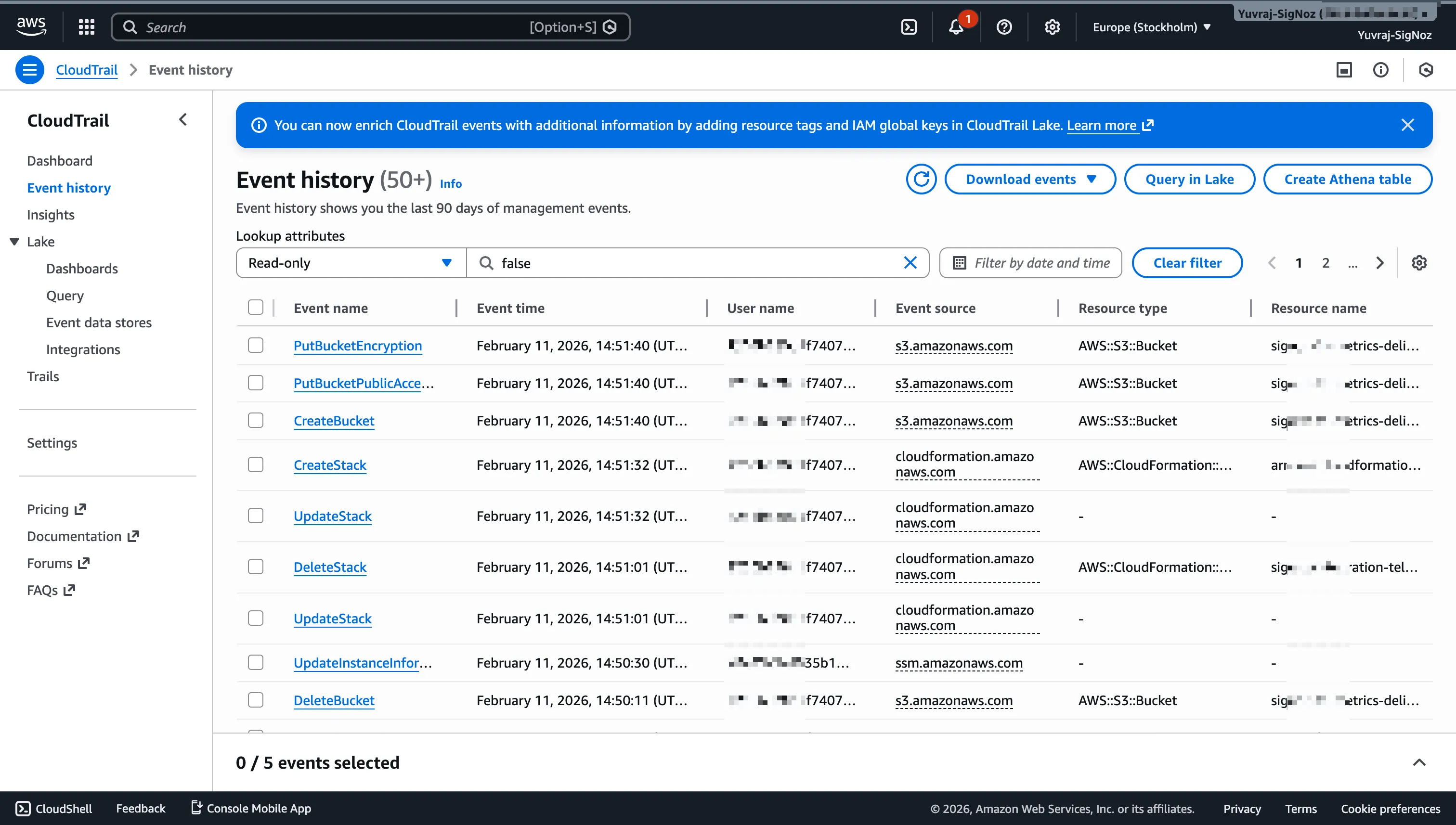 CloudTrail Event History table showing event name, time, user, source, and resources