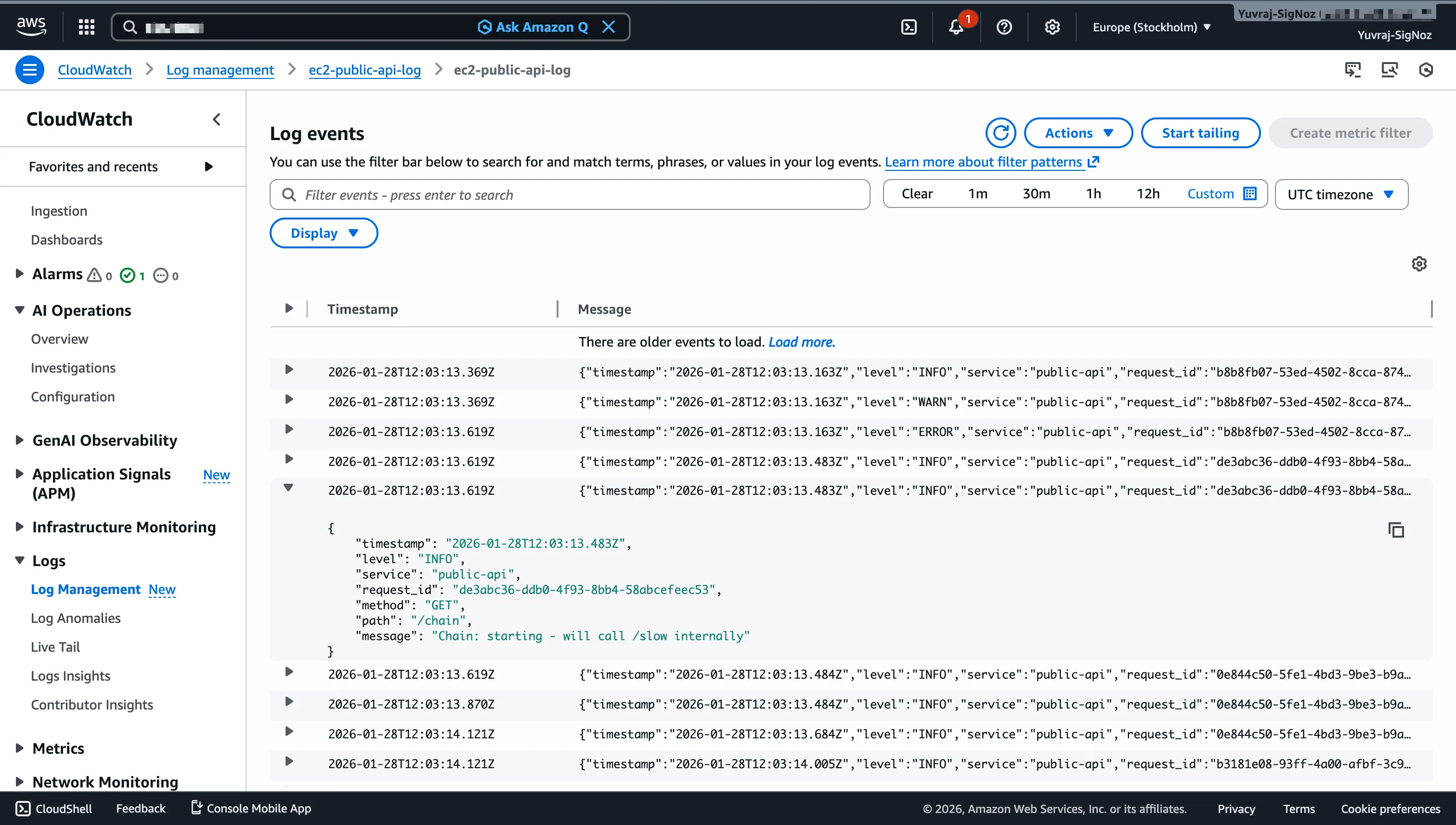 CloudWatch Logs page showing log events for a selected log group