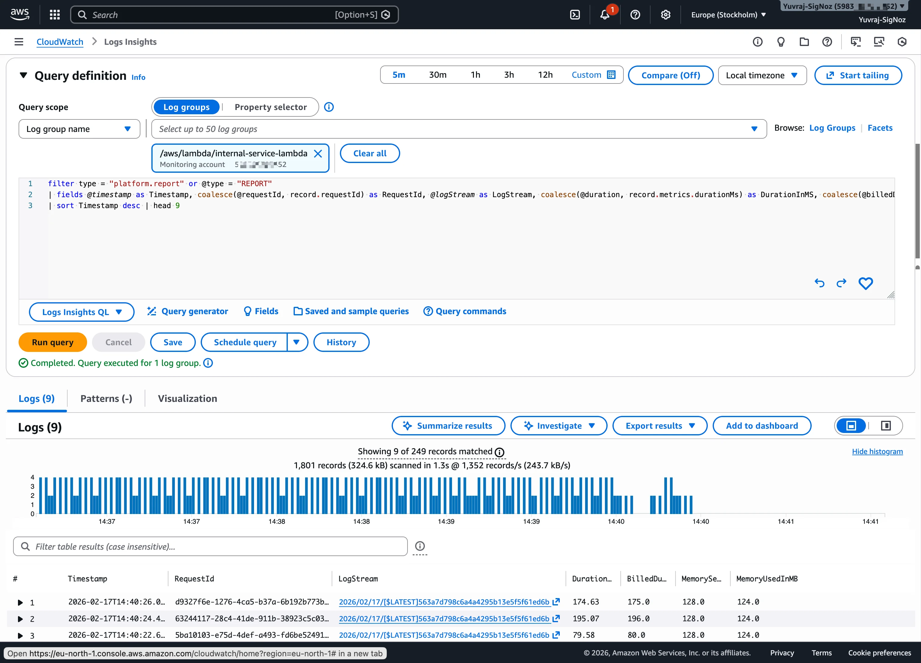 CloudWatch Logs Insights query interface showing log query and results
