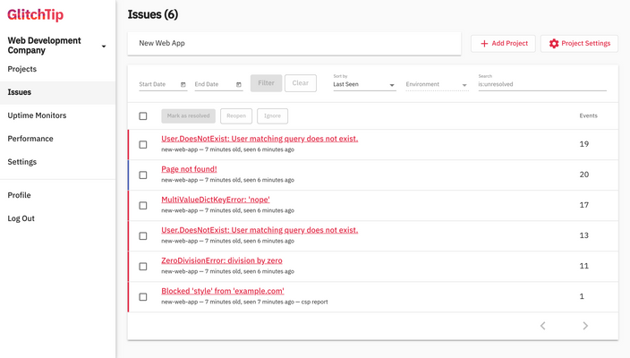 GlitchTip issues dashboard
