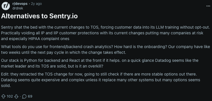 Reddit users discussing Sentry alternatives
