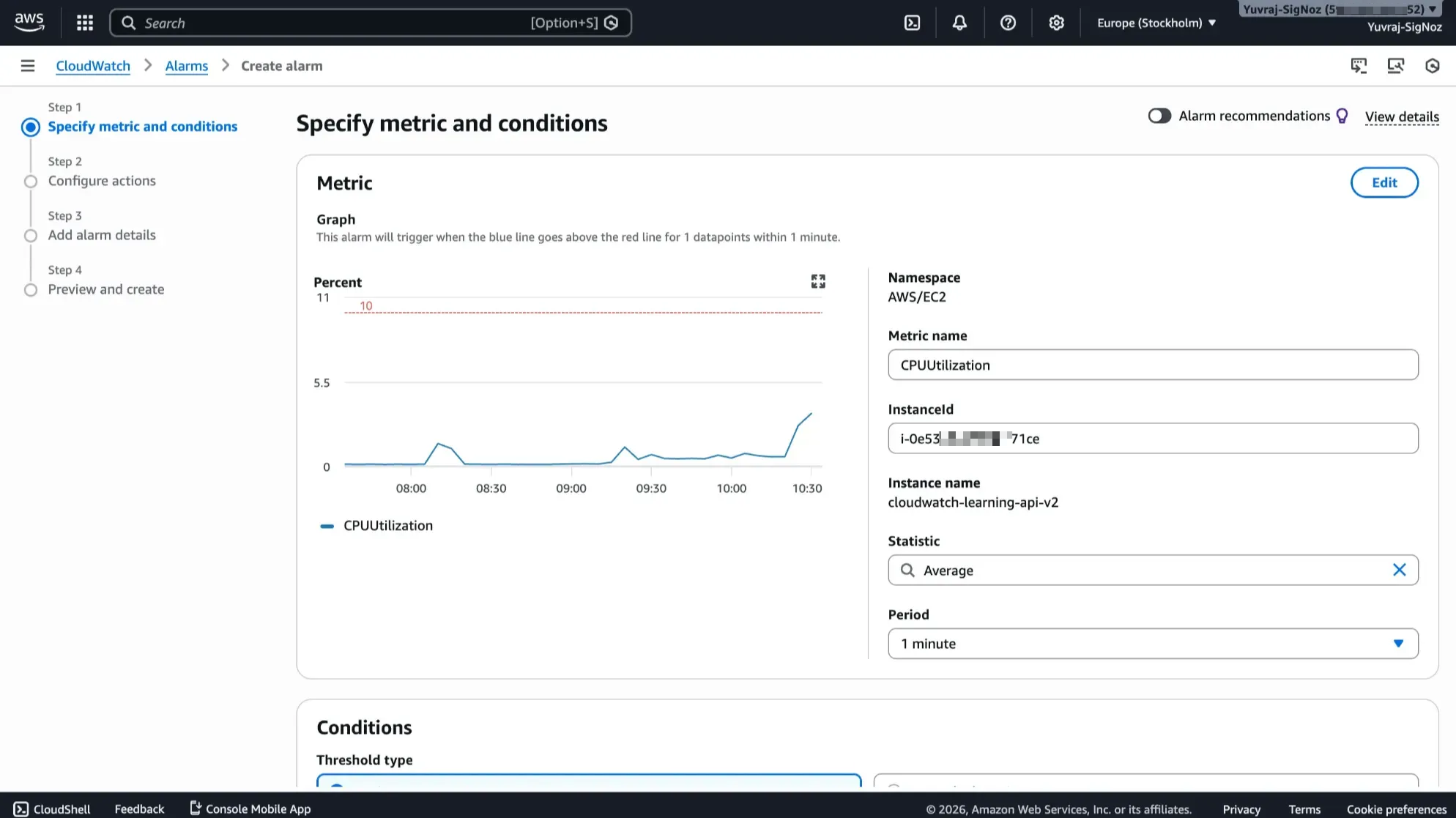 CloudWatch alarm configuration showing threshold and evaluation settings