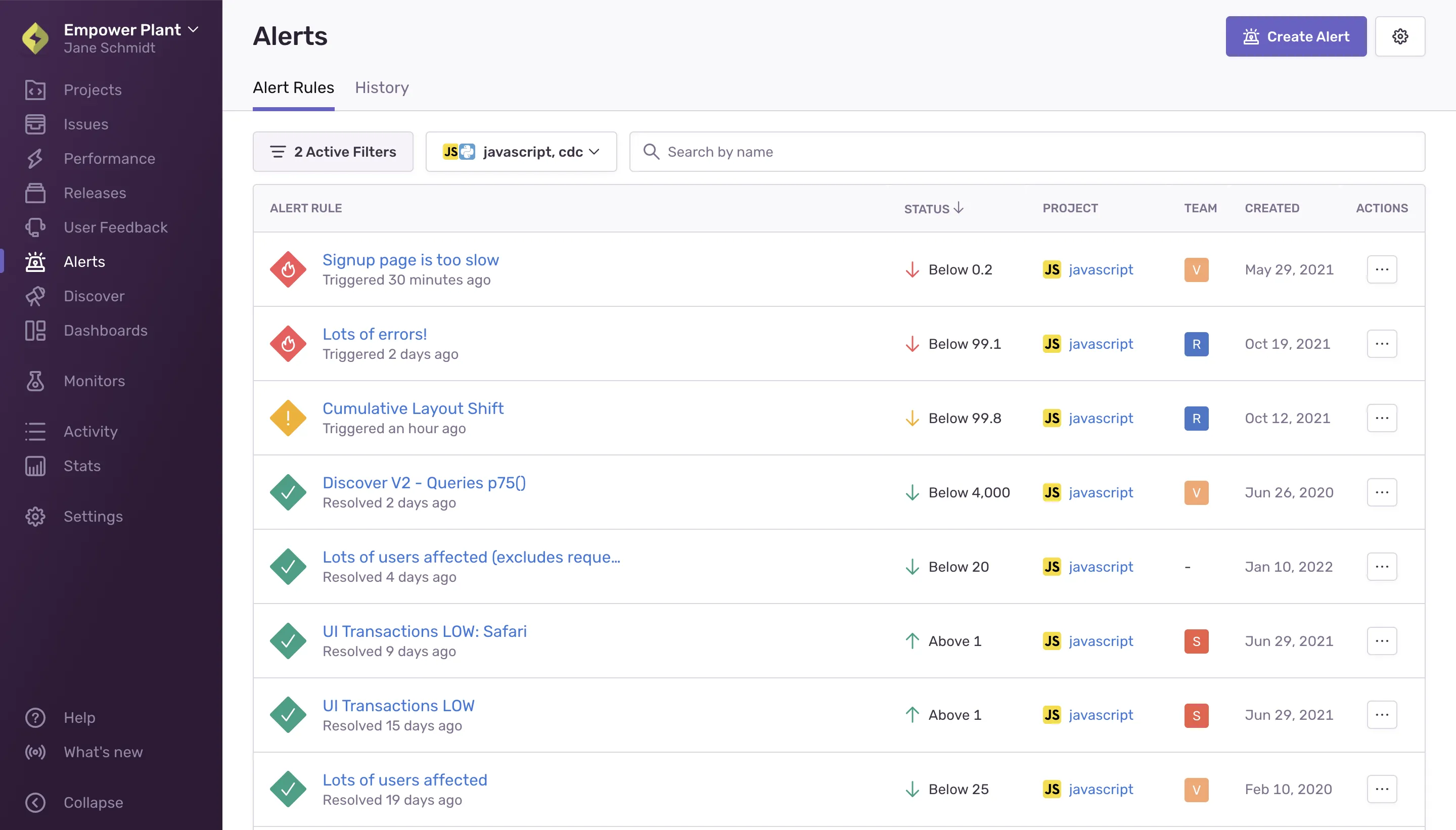 Sentry alert rules listing showing configured issue and metric alerts