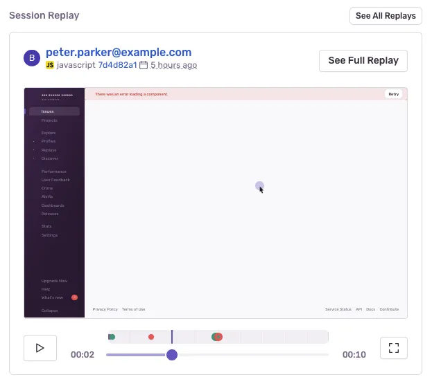 Sentry issue detail page with session replay panel showing user interaction