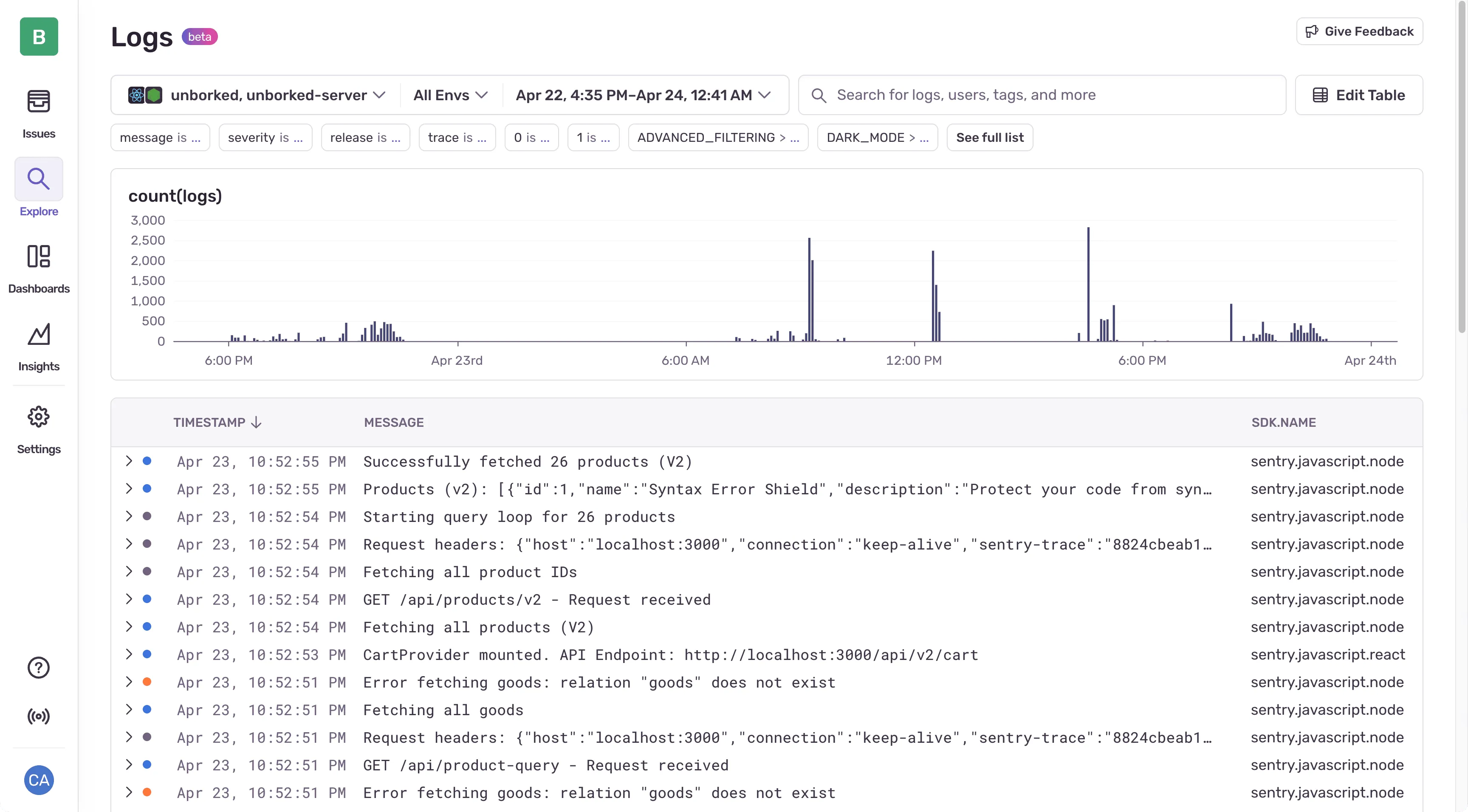 Sentry structured logs view showing log entries correlated with traces