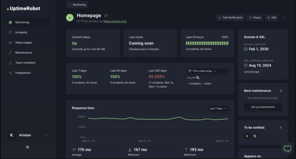 UptimeRobot APM dashboard