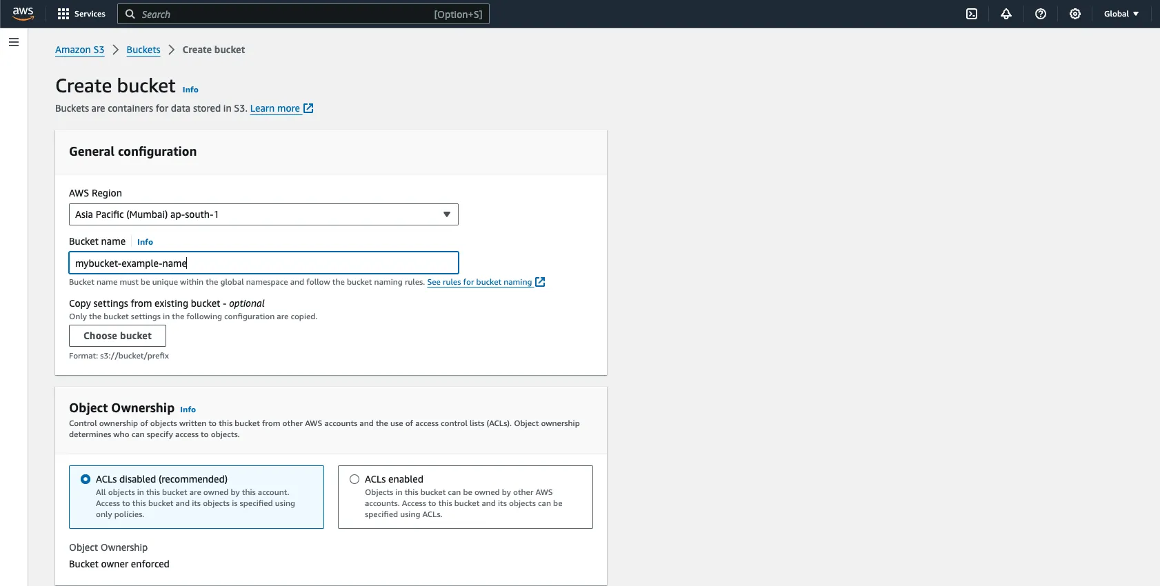 S3 bucket creation form with bucket name and region fields