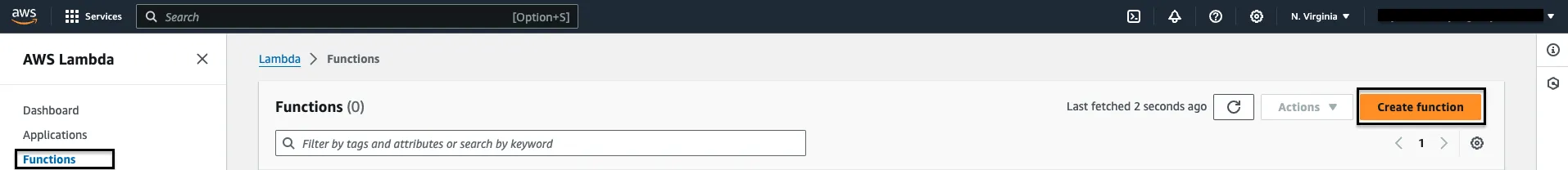 AWS Lambda Console showing Create function button