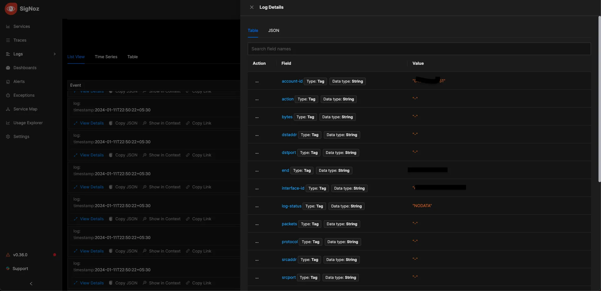 SigNoz Logs Explorer showing VPC Flow Logs with parsed network traffic fields