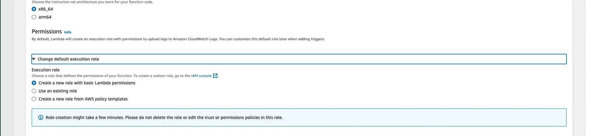 Lambda runtime and permissions configuration options